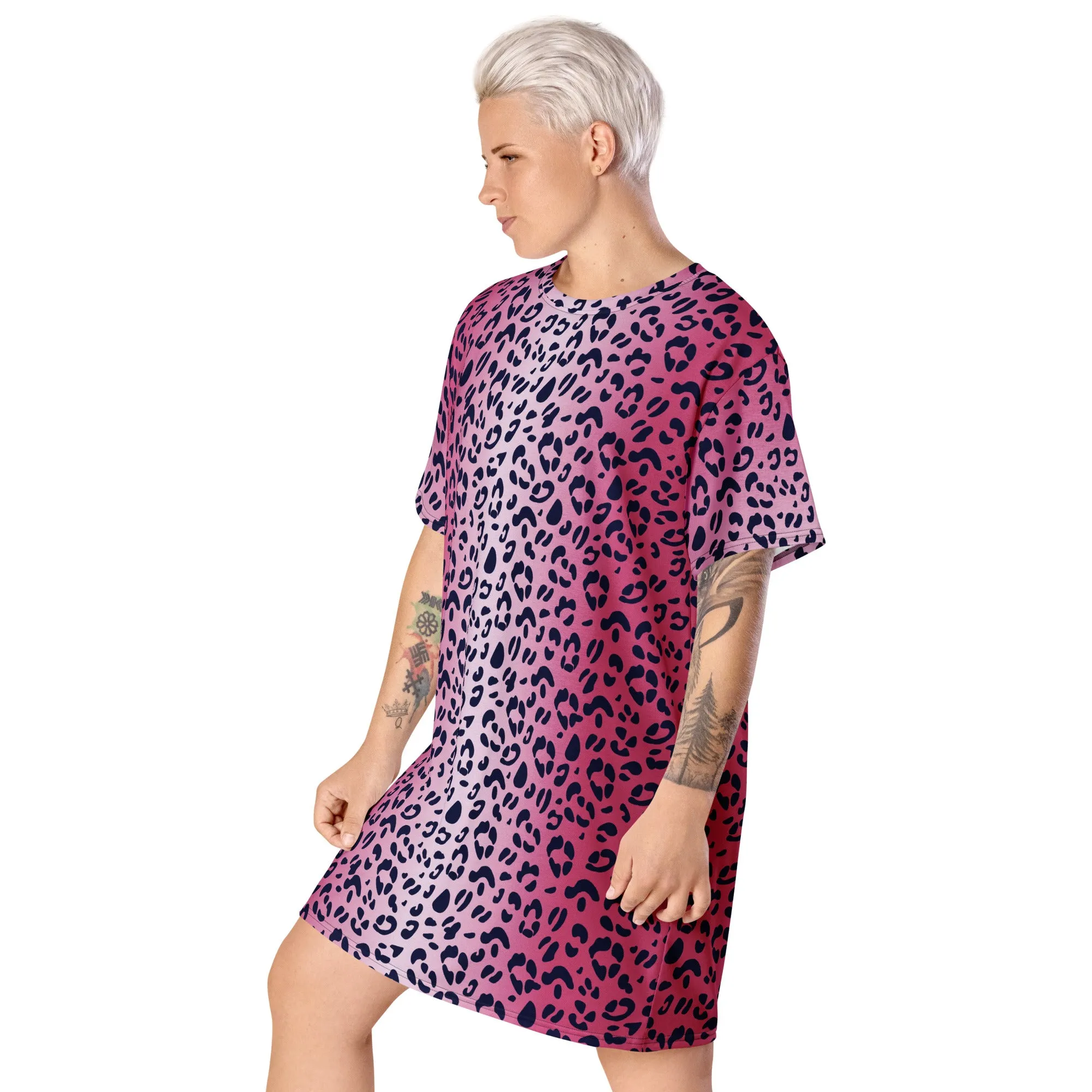 Pink Leopard T-shirt Dress With Trans Collar Flag