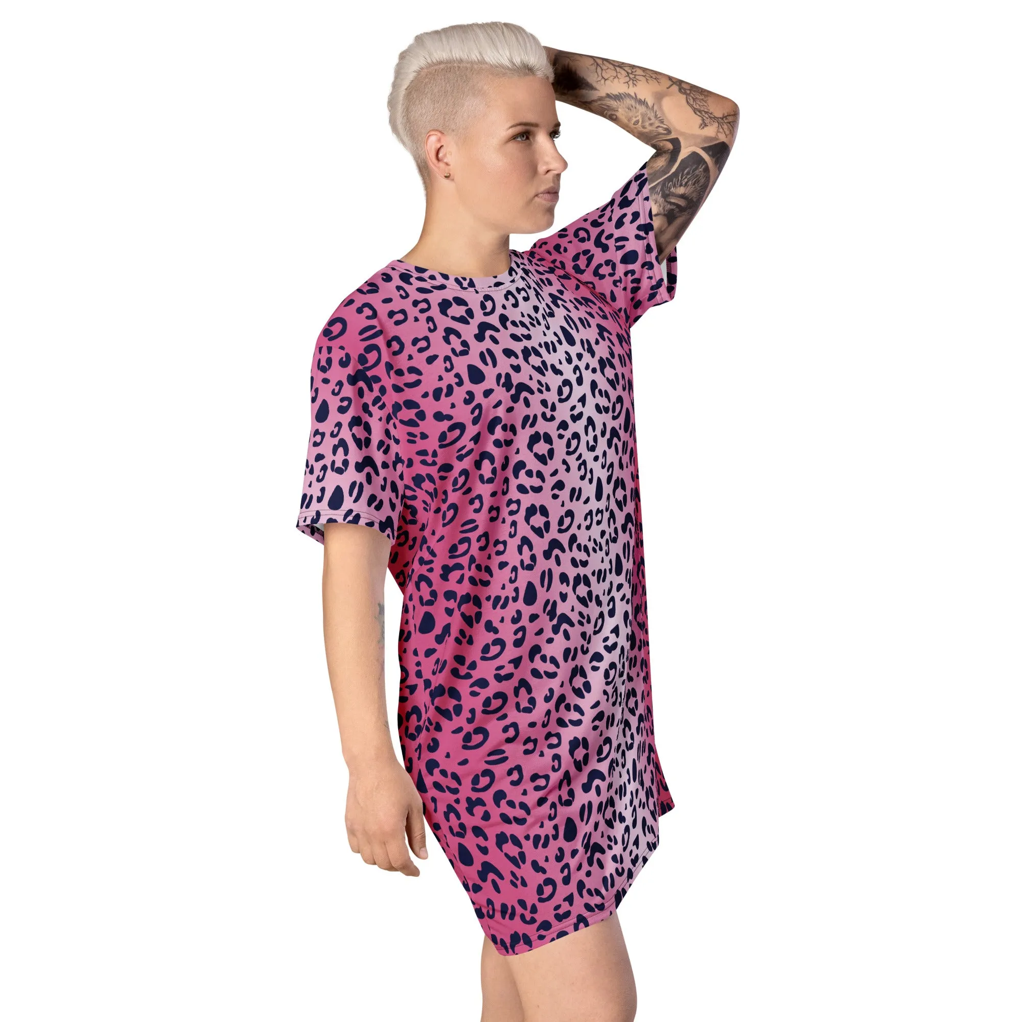 Pink Leopard T-shirt Dress With Trans Collar Flag