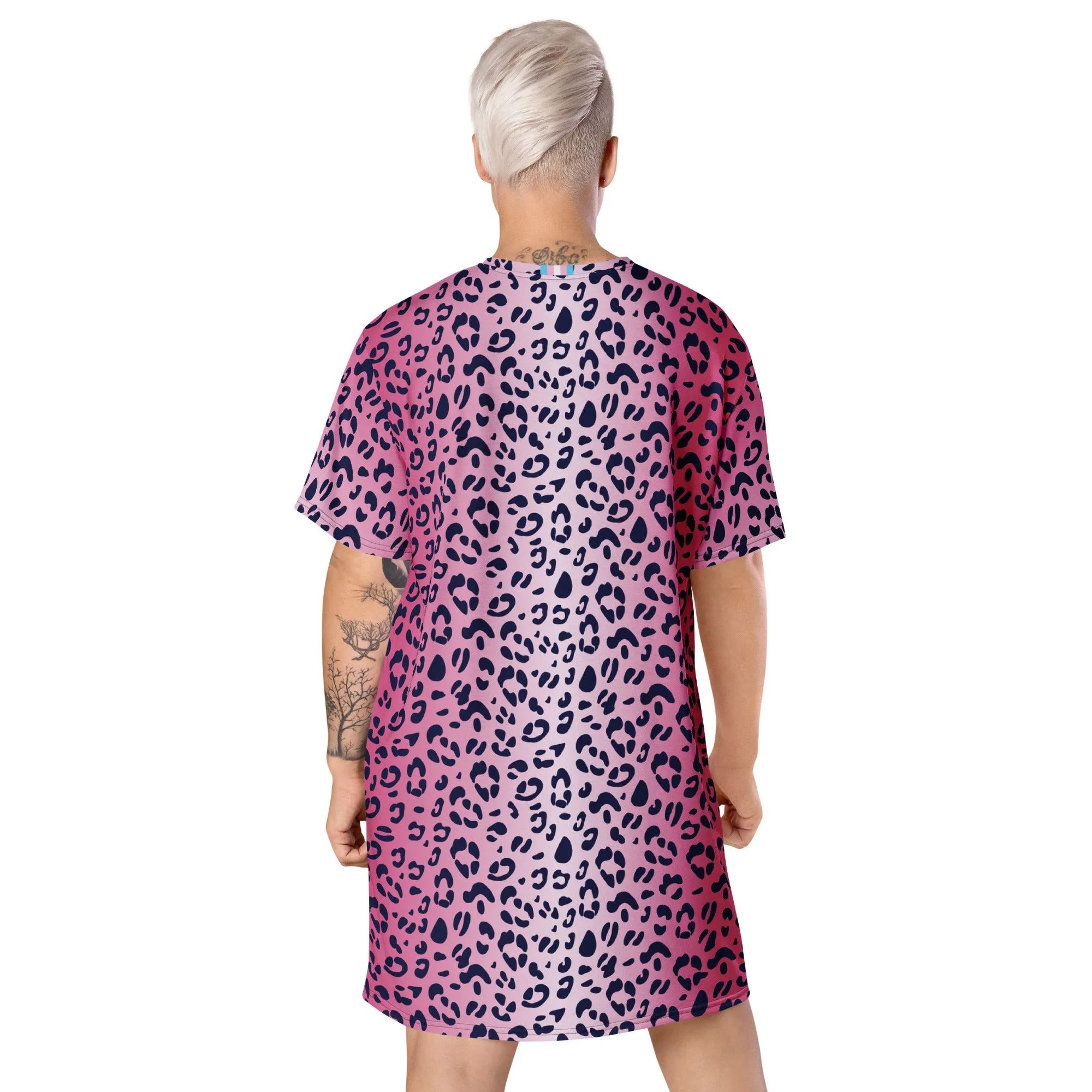 Pink Leopard T-shirt Dress With Trans Collar Flag