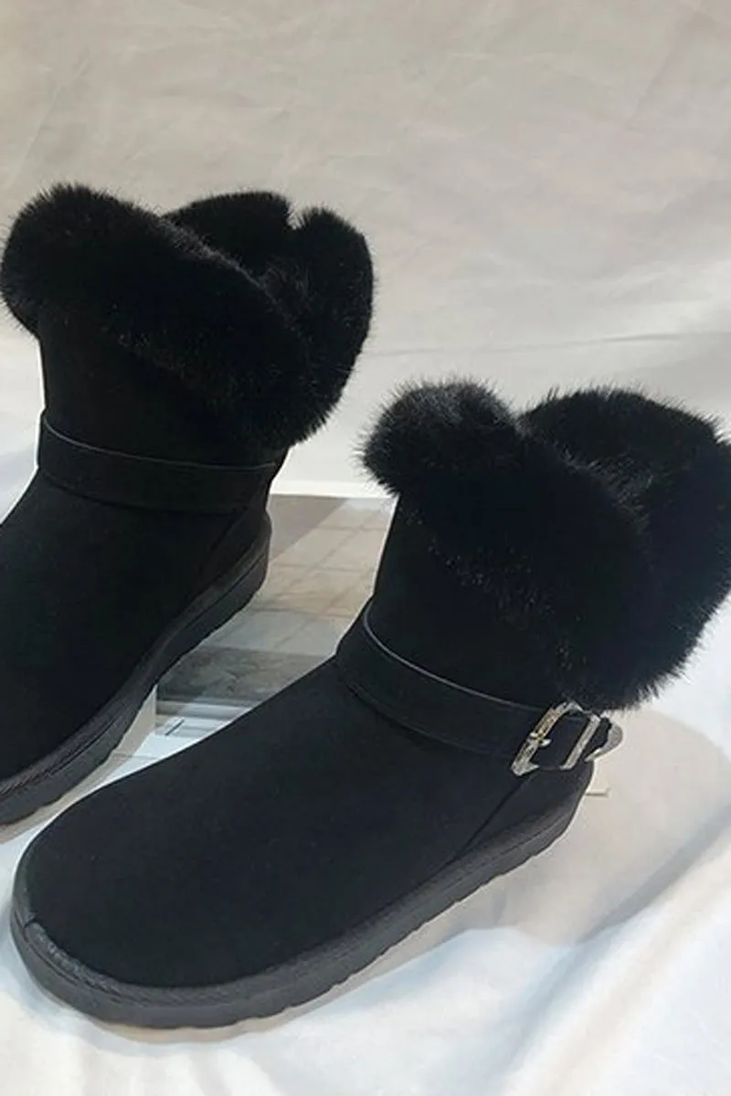 Plush Buckle Decor Letter Patch Flats Booties