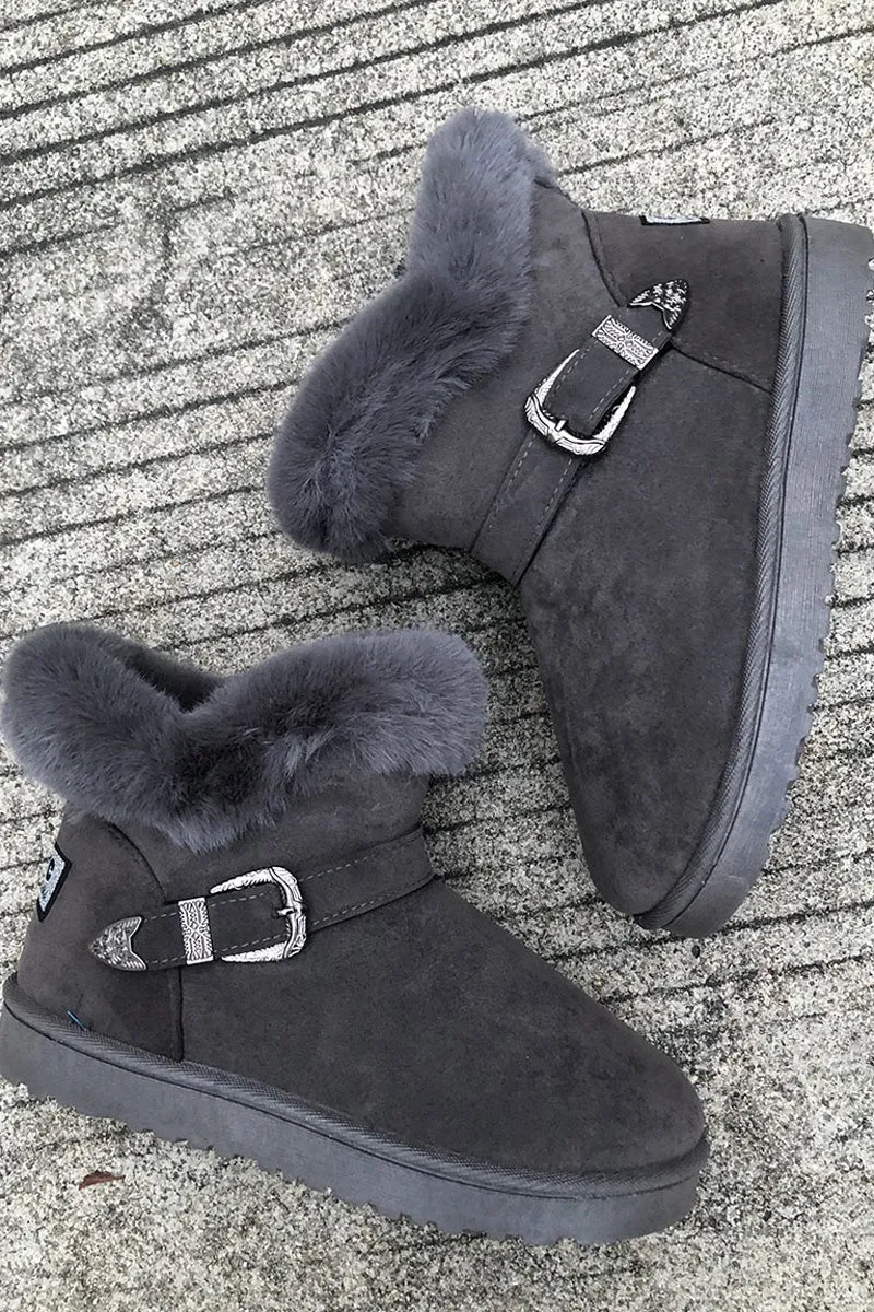 Plush Buckle Decor Letter Patch Flats Booties