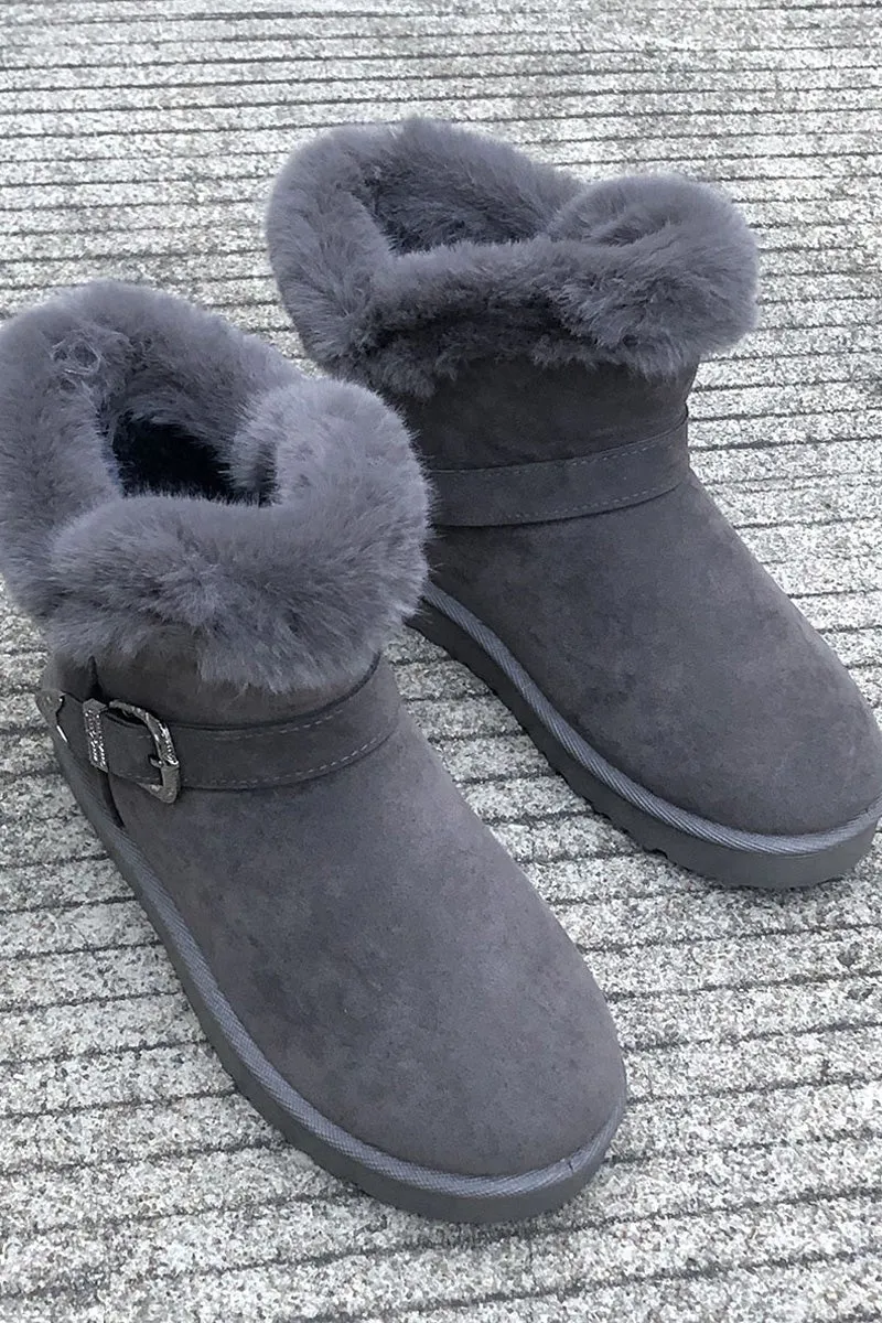 Plush Buckle Decor Letter Patch Flats Booties