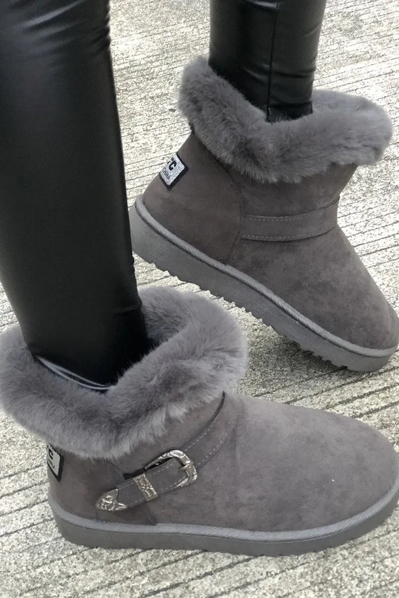 Plush Buckle Decor Letter Patch Flats Booties