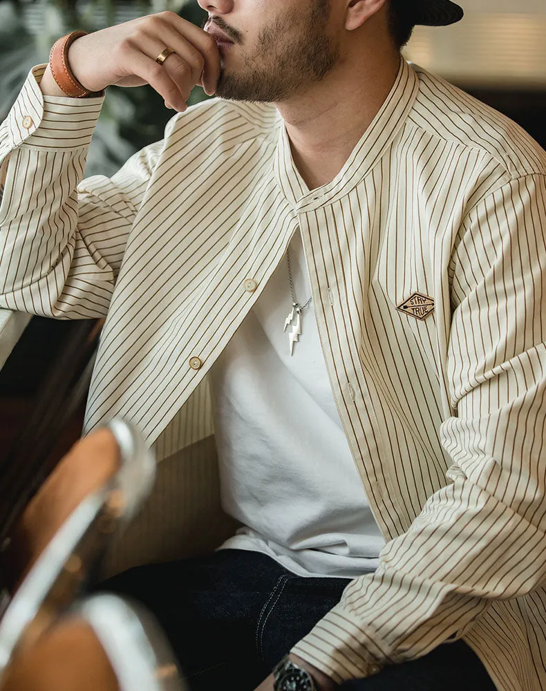 Retro Vertical Stripe Stand Collar Loose Men's Baseball Shirt