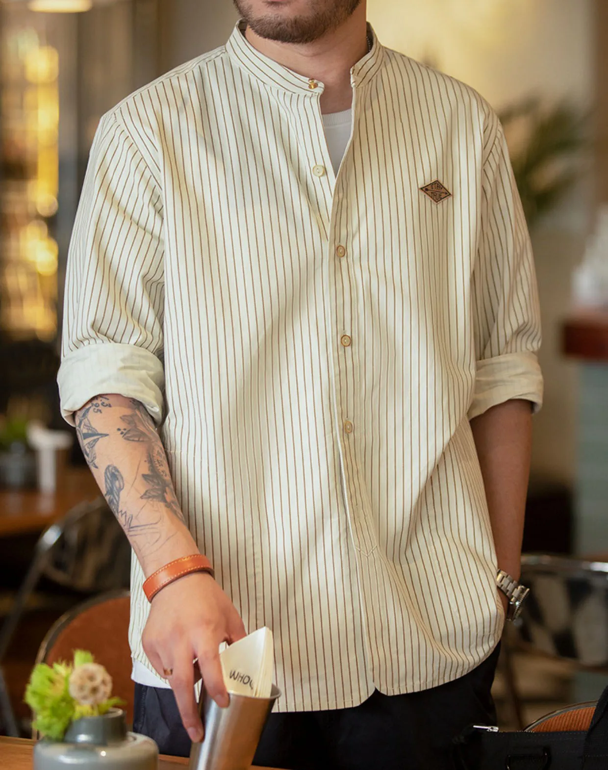 Retro Vertical Stripe Stand Collar Loose Men's Baseball Shirt