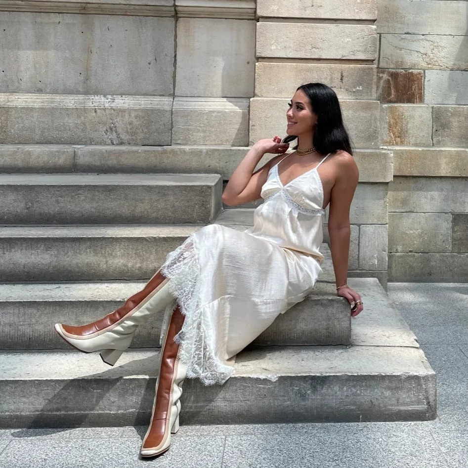 Revival knee high boots off white/tan leather womens shoes