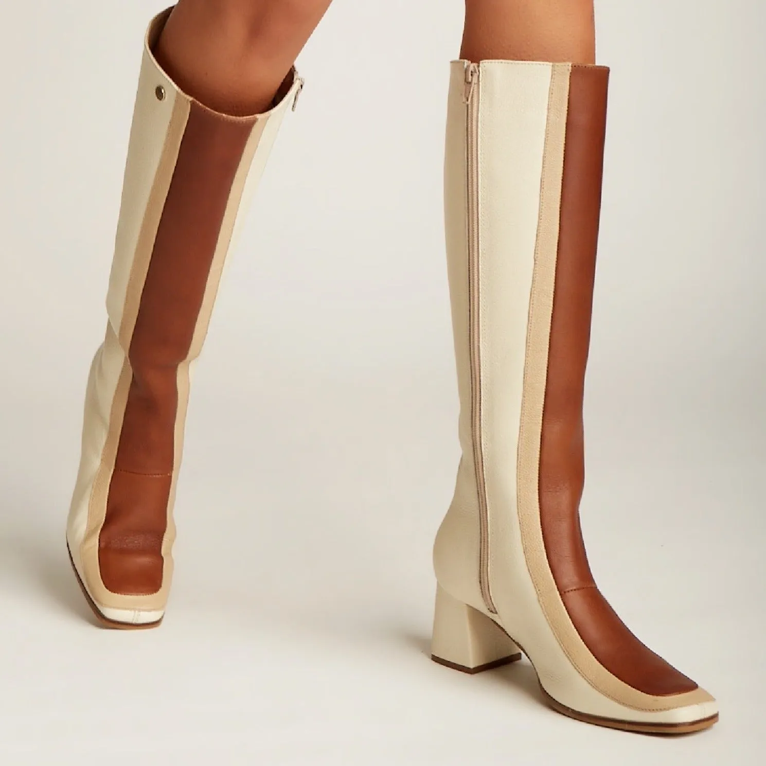 Revival knee high boots off white/tan leather womens shoes