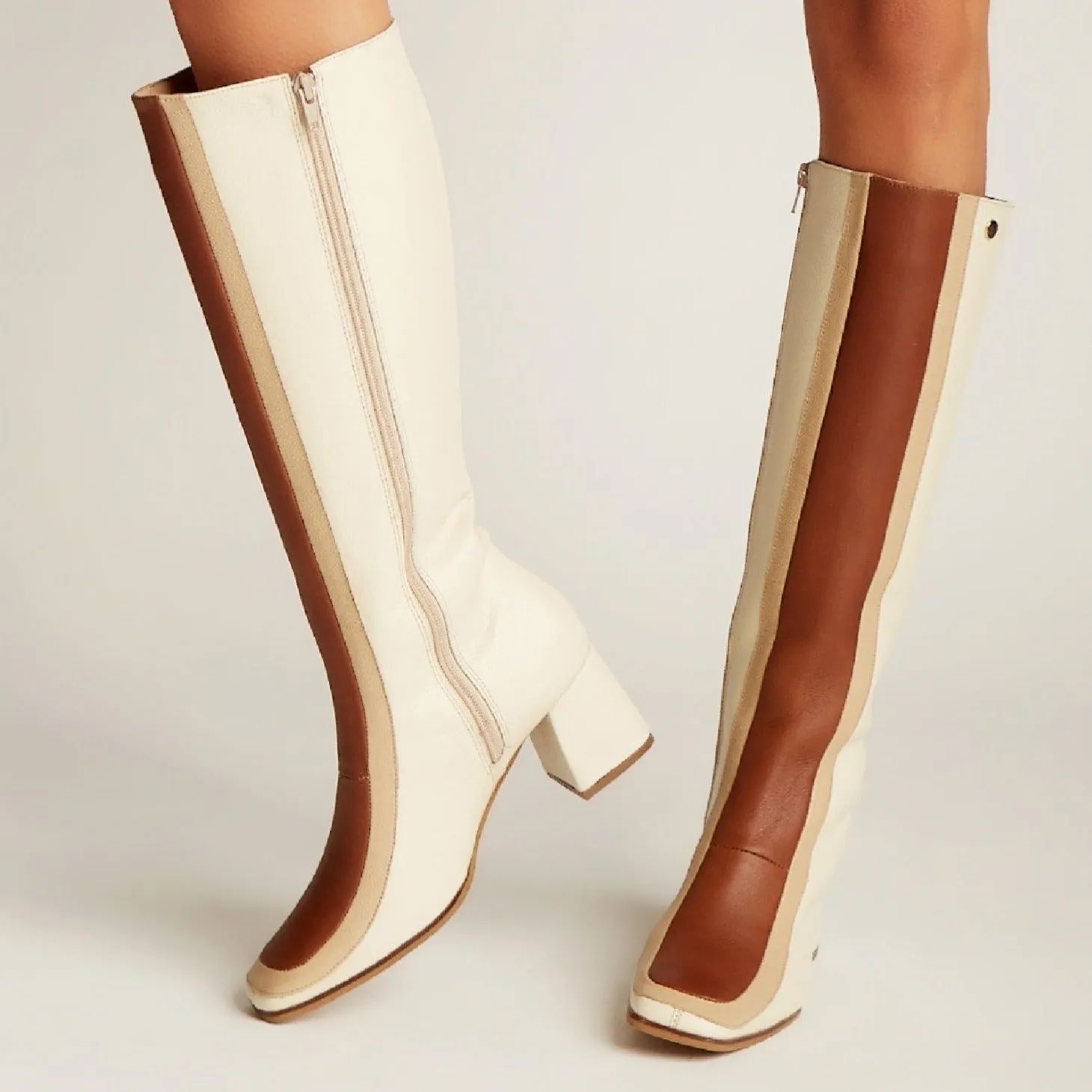 Revival knee high boots off white/tan leather womens shoes