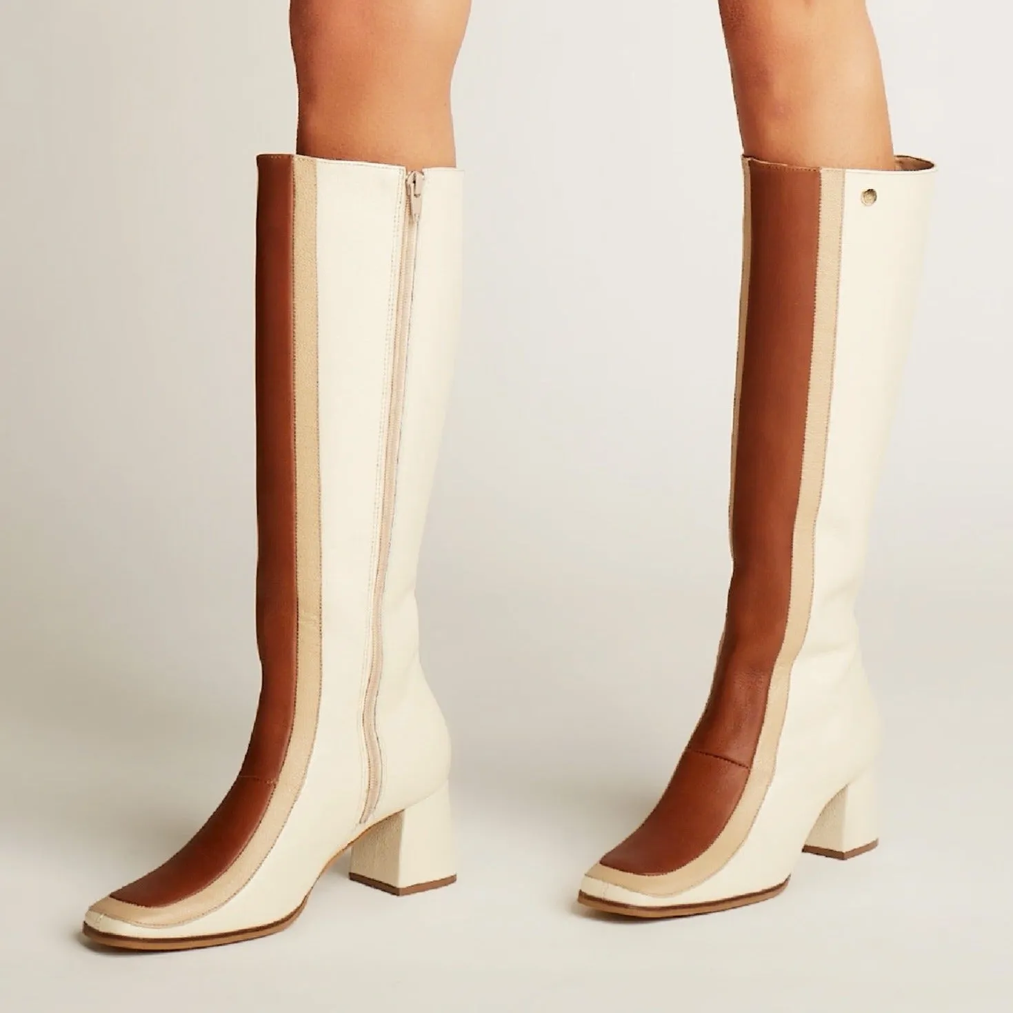 Revival knee high boots off white/tan leather womens shoes