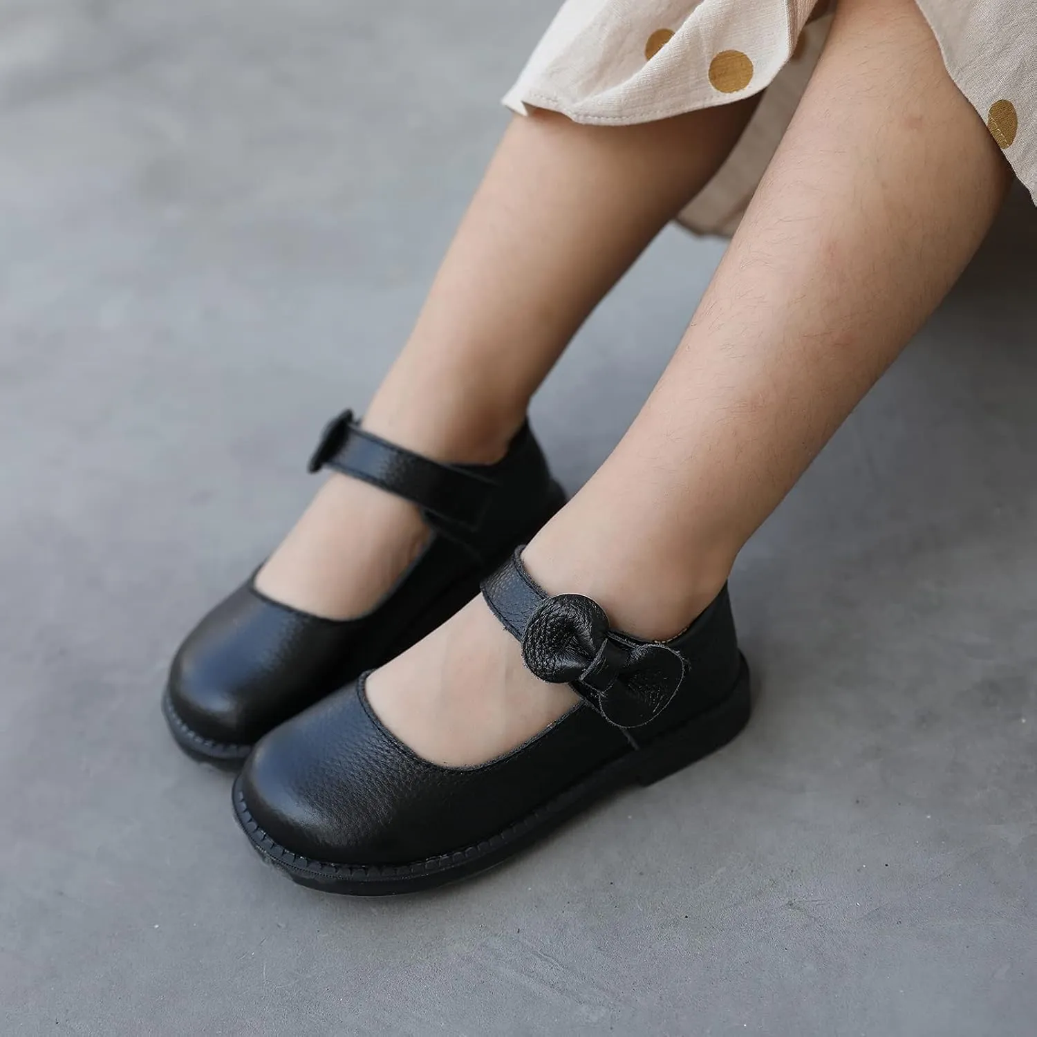 rismart Black Dress School Shoes for Little Toddler Girls Leather Mary Janes with Bow