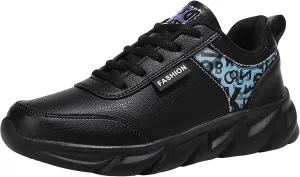 Slip on Walking Shoes Women Comfy PU Leather Non Slip Arch Support Running Shoes Breathable Mesh Sports Workout Tennis Shoes Fashion Lace Up Sneakers