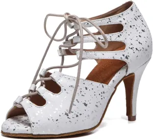 SWDZM Women Open Toe Latin Dance Boots Ballroom Salsa Performance Practice Lace-up Ankle Dance Shoes,Model L552