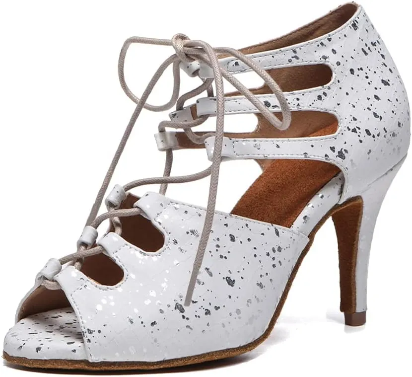 SWDZM Women Open Toe Latin Dance Boots Ballroom Salsa Performance Practice Lace-up Ankle Dance Shoes,Model L552
