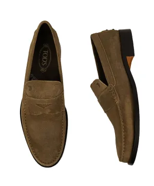 TOD’S - Brown Distressed Suede Penny Loafers “Boston” “Devon” Leather Sole - 12