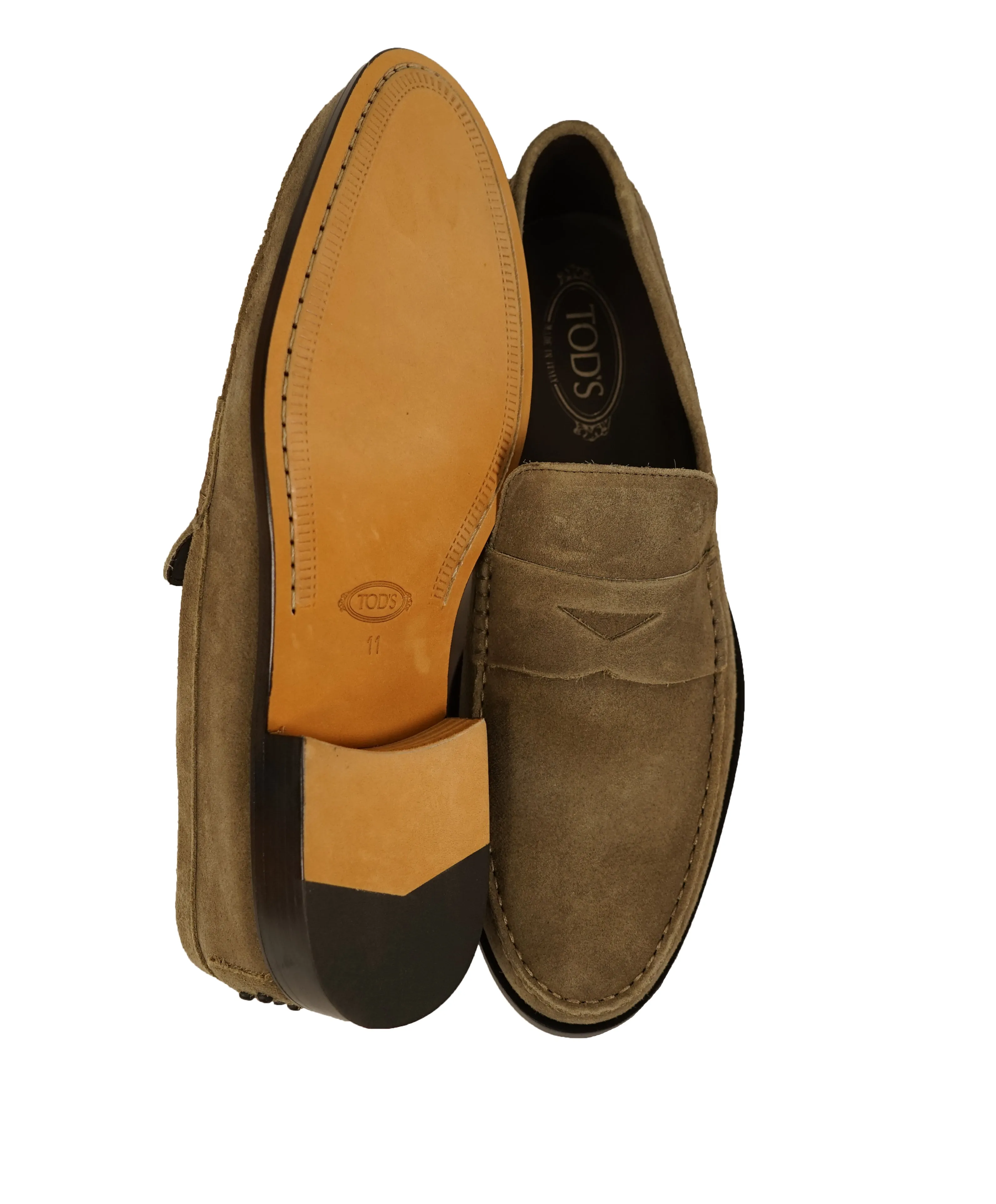 TOD’S - Brown Distressed Suede Penny Loafers “Boston” “Devon” Leather Sole - 12