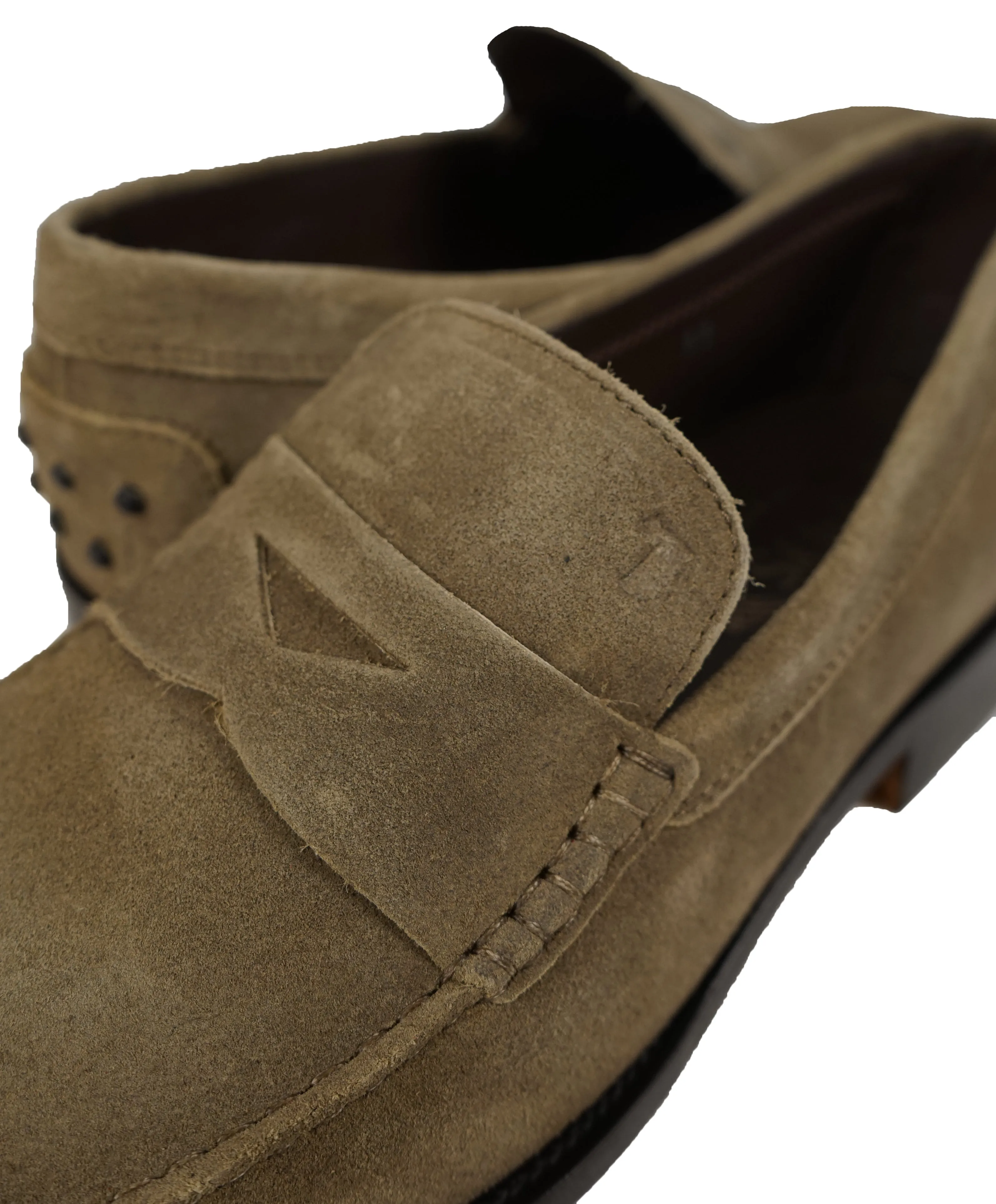 TOD’S - Brown Distressed Suede Penny Loafers “Boston” “Devon” Leather Sole - 12
