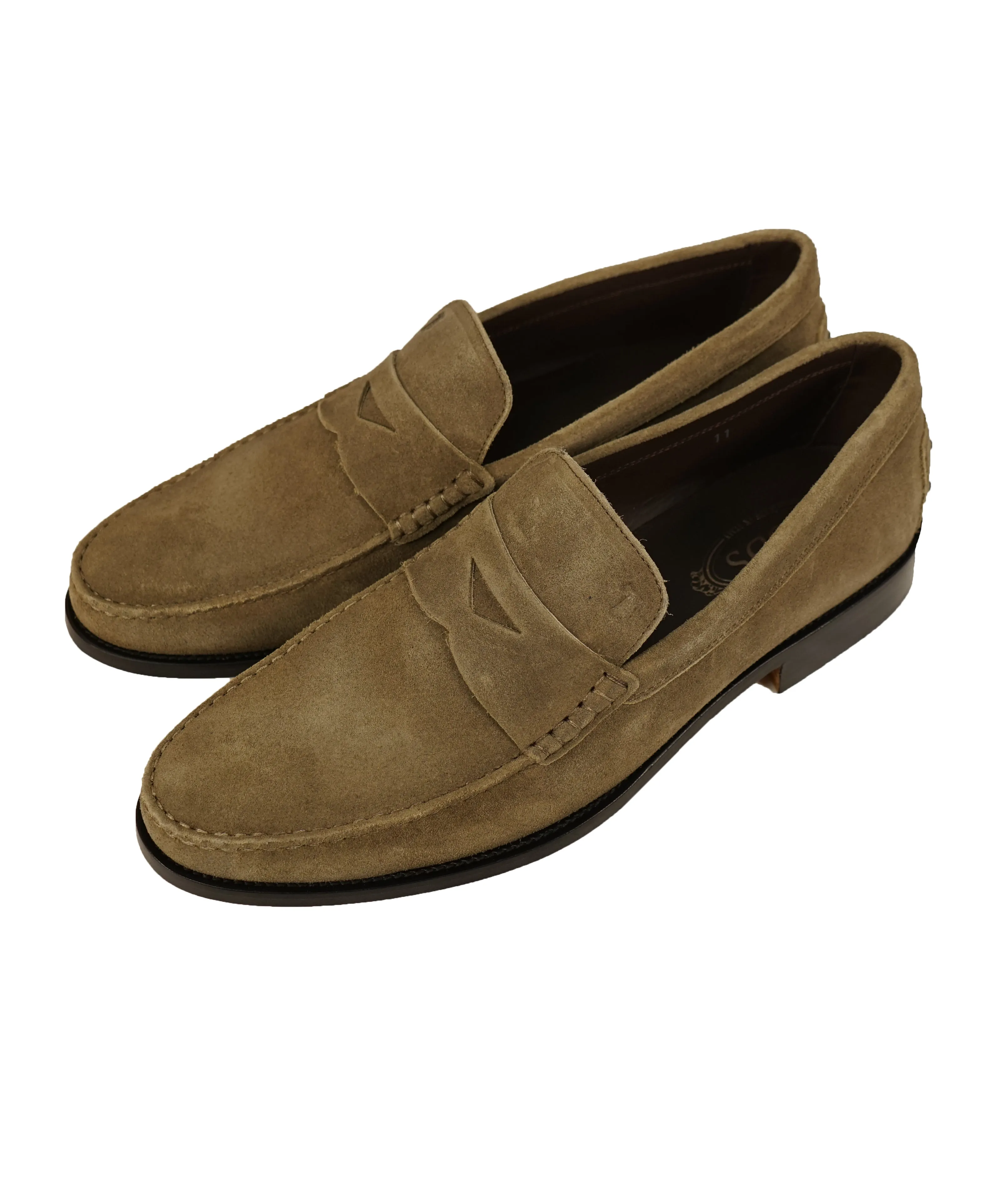 TOD’S - Brown Distressed Suede Penny Loafers “Boston” “Devon” Leather Sole - 12