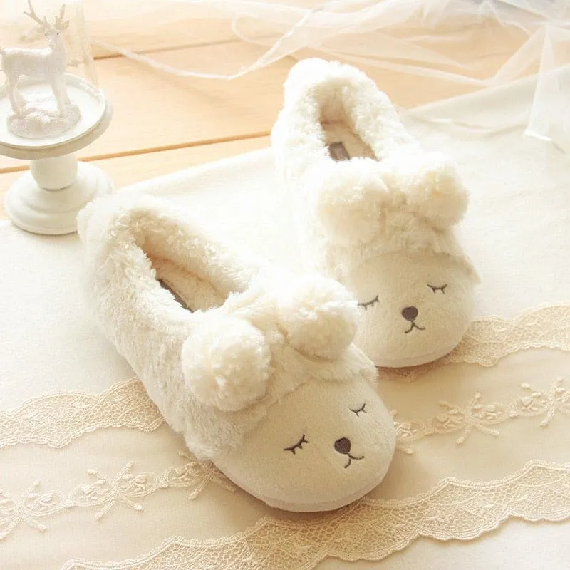 Warm Plush Cute Sheep Animal Flats Slippers For Winter Home Indoor Bedroom