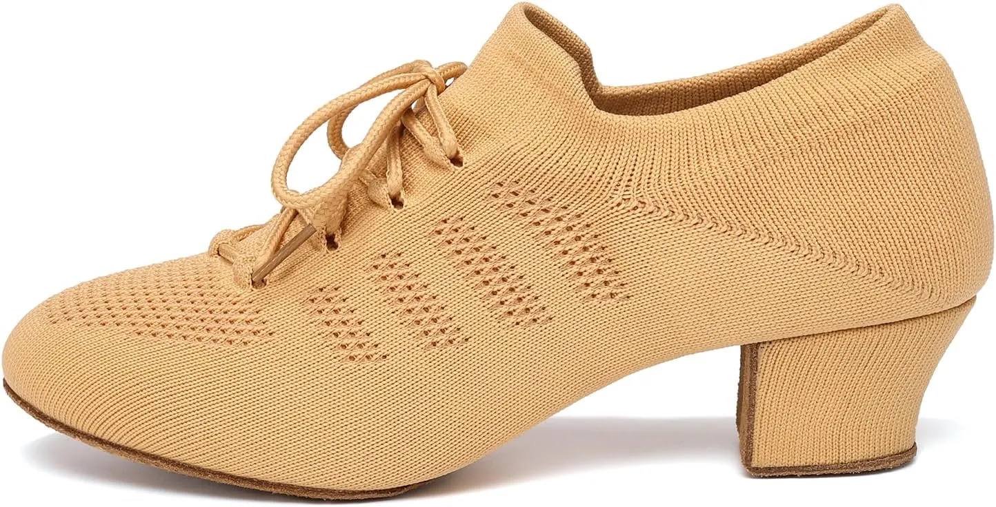 Womens Latin Dance Shoes Close Toe Practice Shoes for Women Low Heel Lace-up Ballroom Salsa Split-Sole