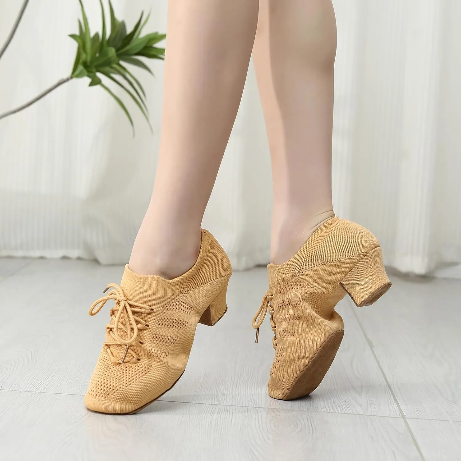 Womens Latin Dance Shoes Close Toe Practice Shoes for Women Low Heel Lace-up Ballroom Salsa Split-Sole