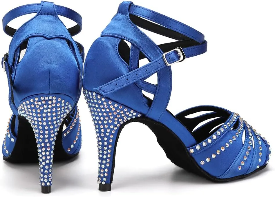 Womens Satin Latin Dance Shoes Rhinestone Open Toe Ballroom Salsa Chacha Performance Dance Shoes,Model L162