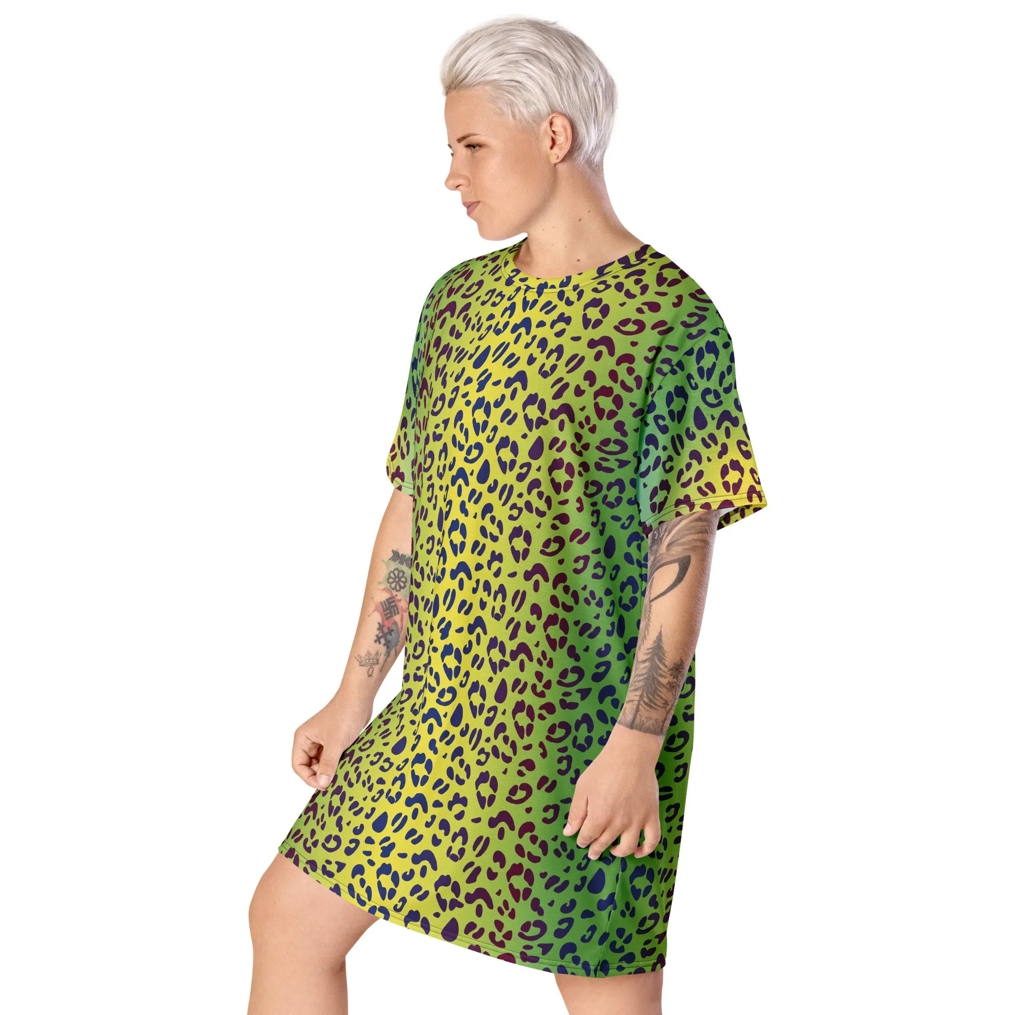 Yellow/Green Leopard Print T-shirt Dress With Rainbow Collar Flag