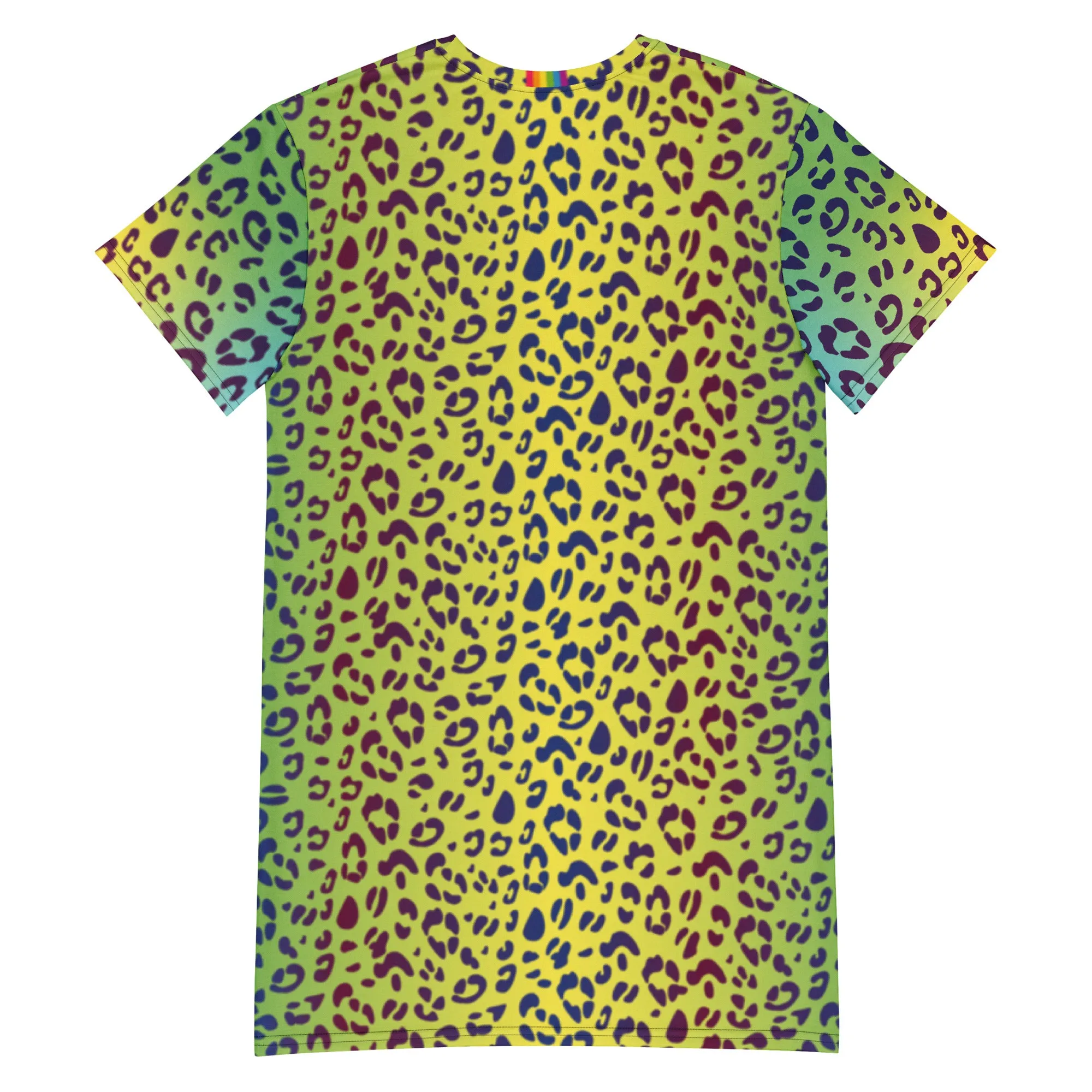Yellow/Green Leopard Print T-shirt Dress With Rainbow Collar Flag