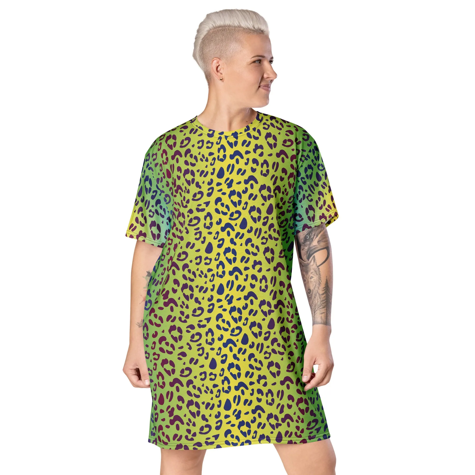 Yellow/Green Leopard Print T-shirt Dress With Rainbow Collar Flag