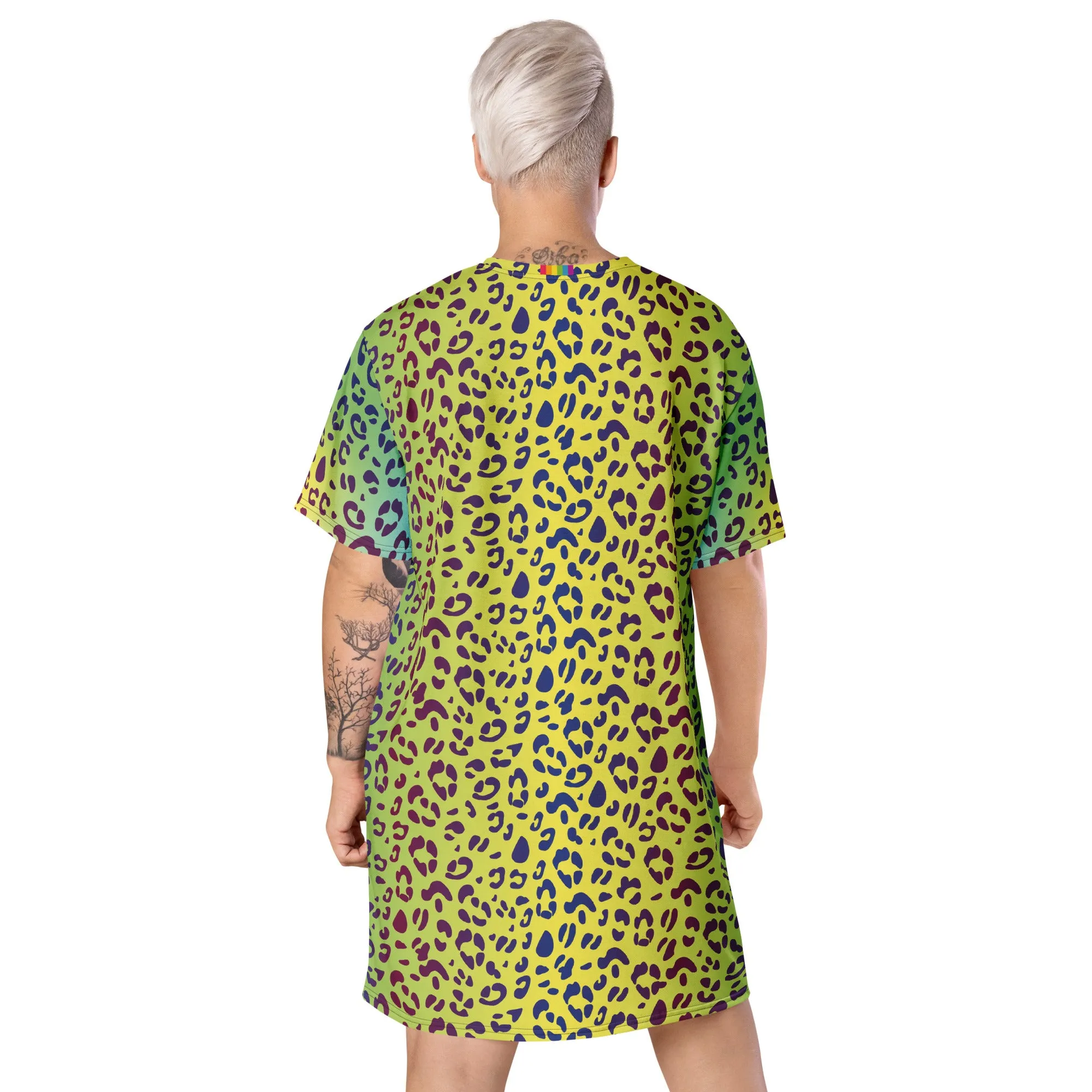 Yellow/Green Leopard Print T-shirt Dress With Rainbow Collar Flag