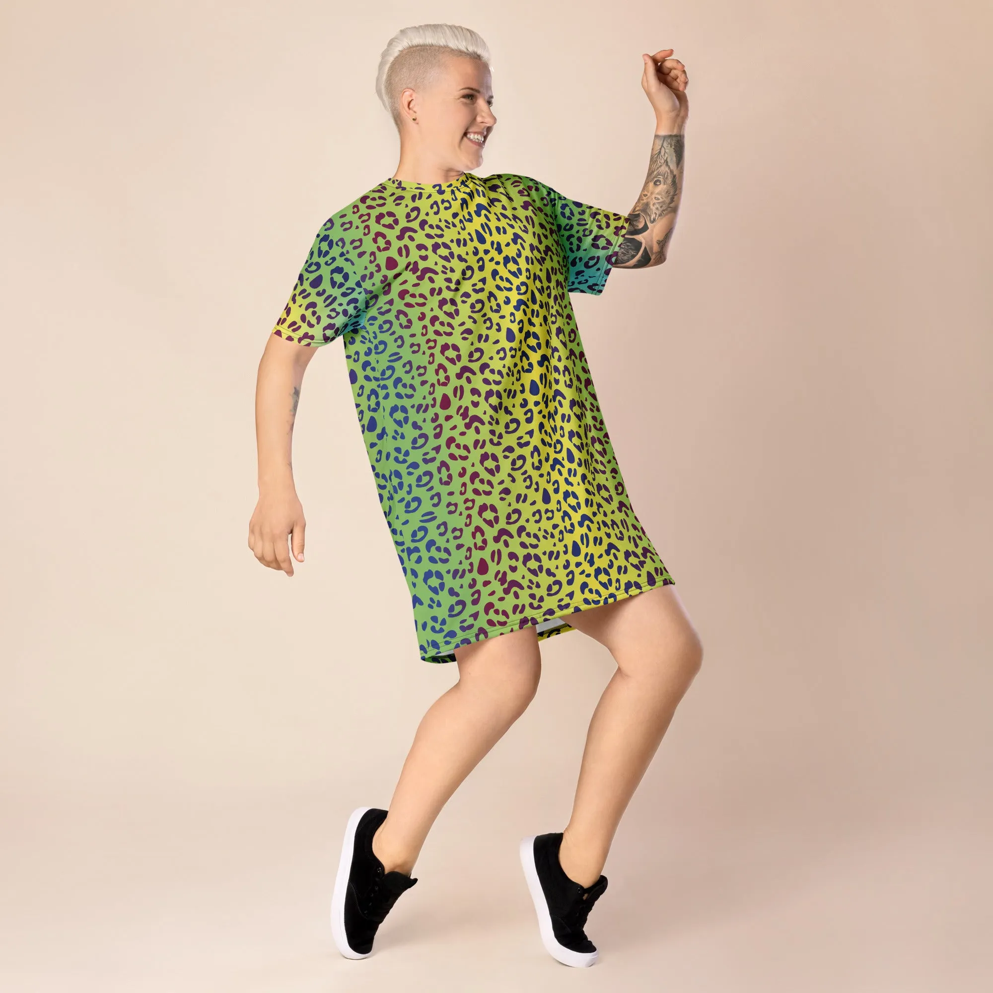 Yellow/Green Leopard Print T-shirt Dress With Rainbow Collar Flag