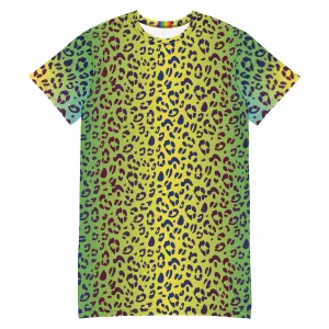 Yellow/Green Leopard Print T-shirt Dress With Rainbow Collar Flag