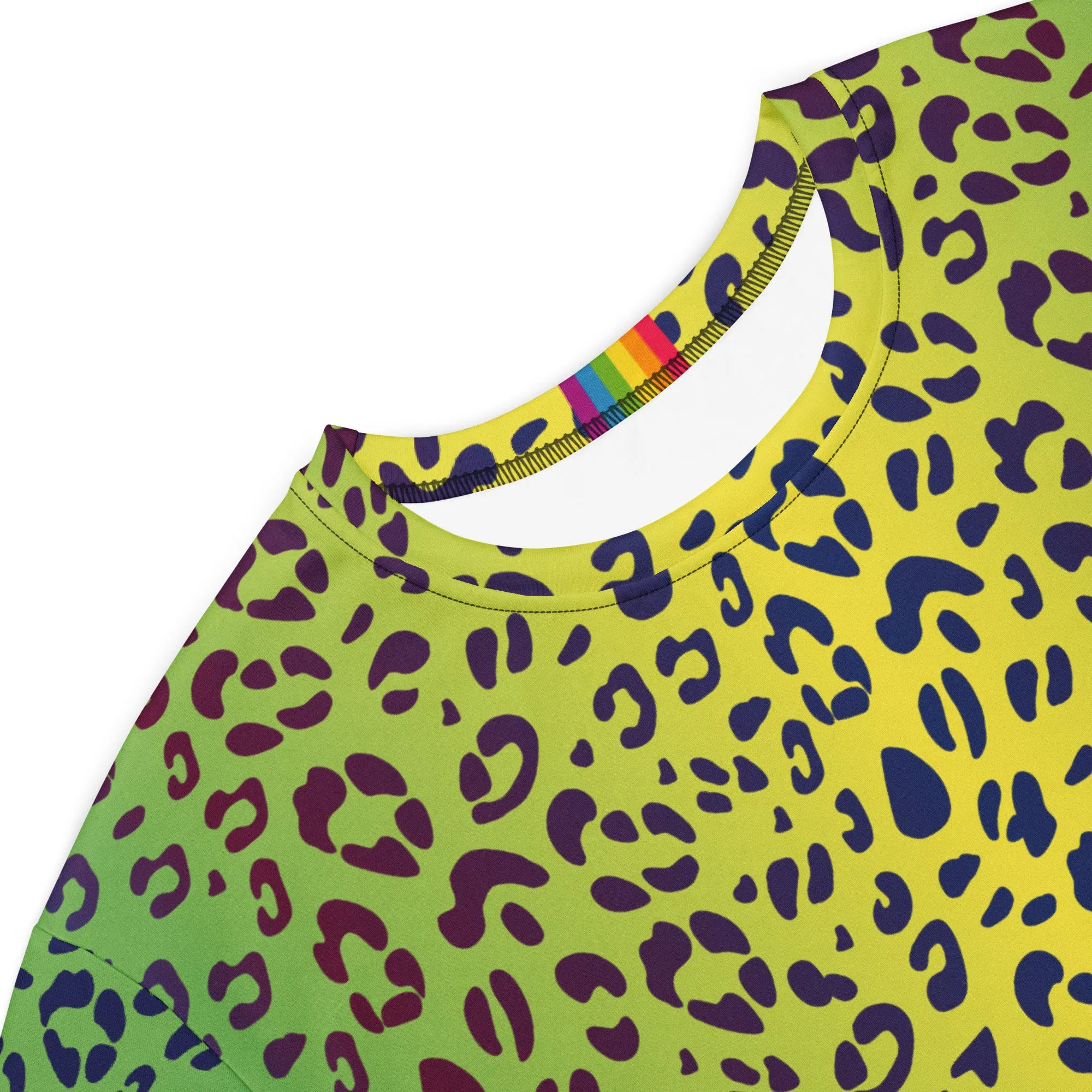 Yellow/Green Leopard Print T-shirt Dress With Rainbow Collar Flag