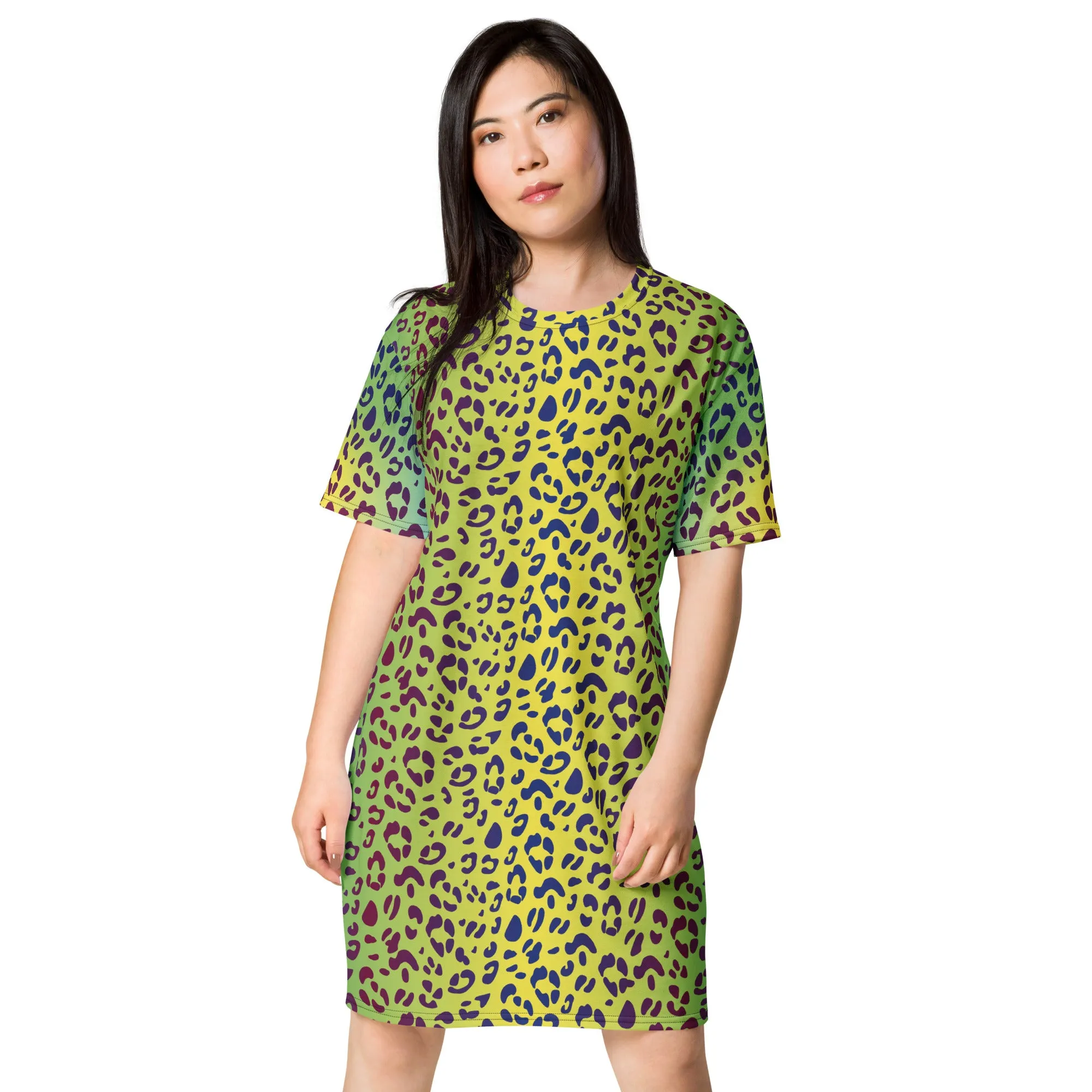 Yellow/Green Leopard T-shirt Dress With Trans Collar Flag