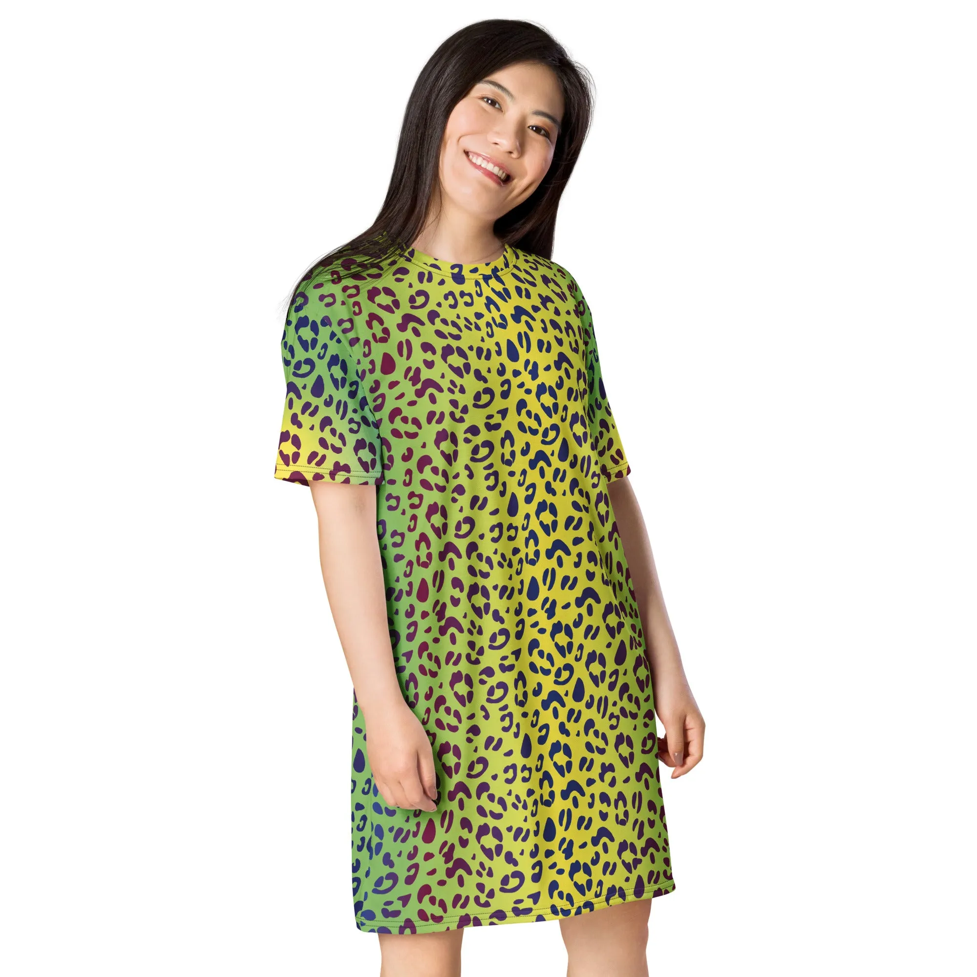 Yellow/Green Leopard T-shirt Dress With Trans Collar Flag