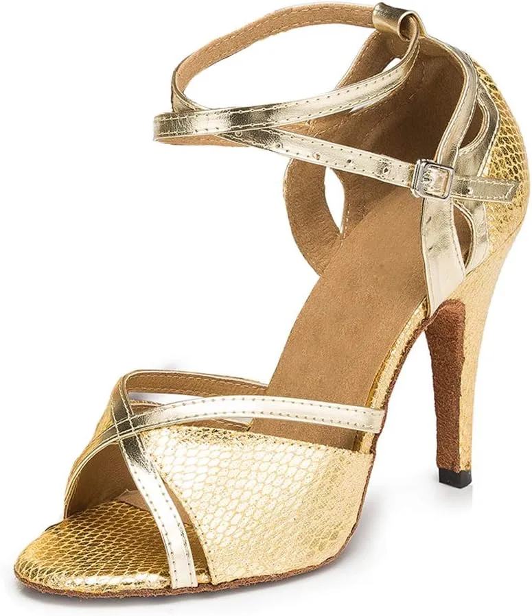 YKXLM Women Ballroom Dance Shoes Latin Salsa Performance Dance Shoes,035-8.5 Nail Heel,Yellow,7 US