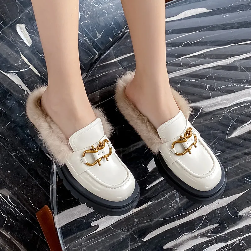 Zayda Genuine Leather Platform Chunky Mules with Fur